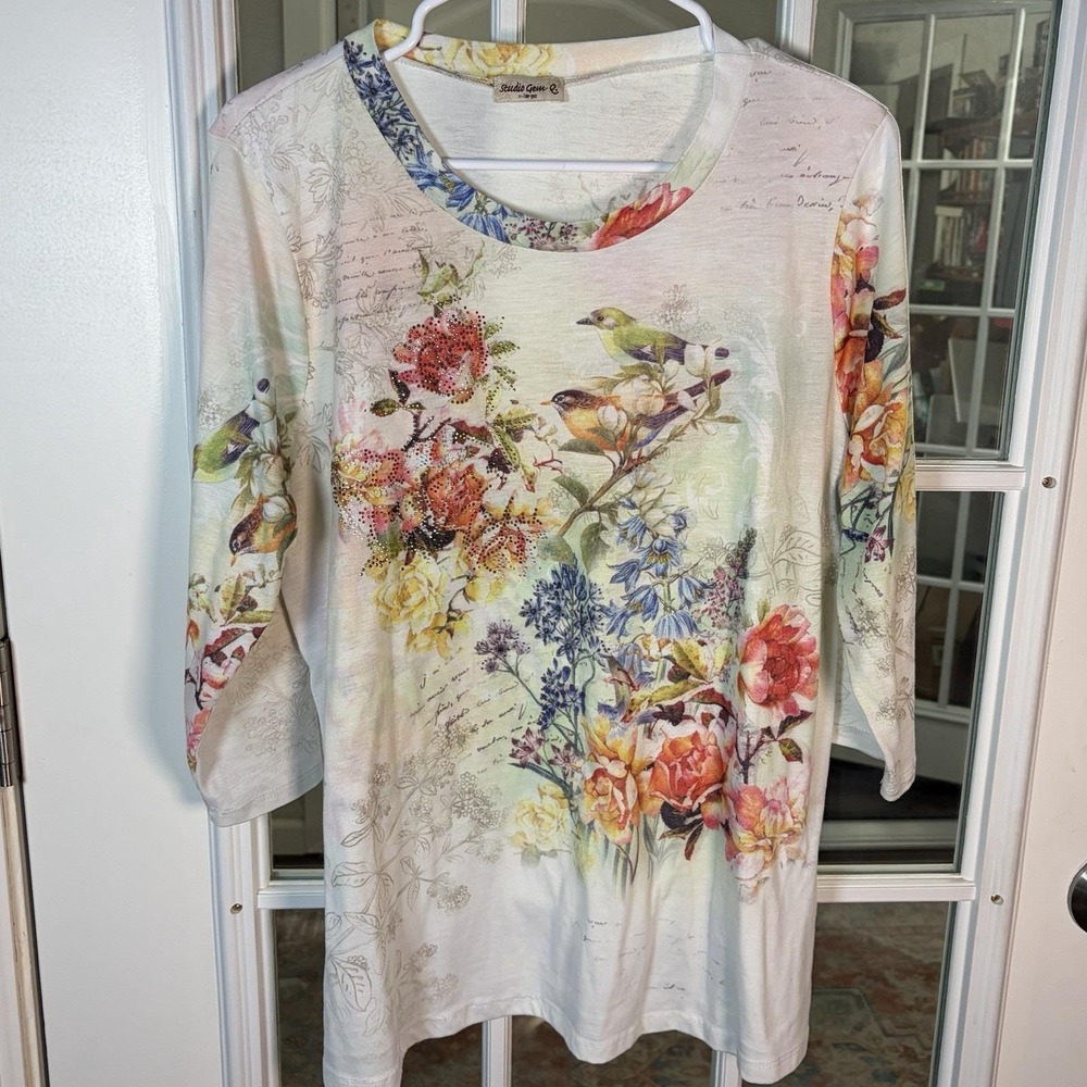 Studio Gem Floral Bird Rhinestone Top Size XL Fairy Cottage Nature